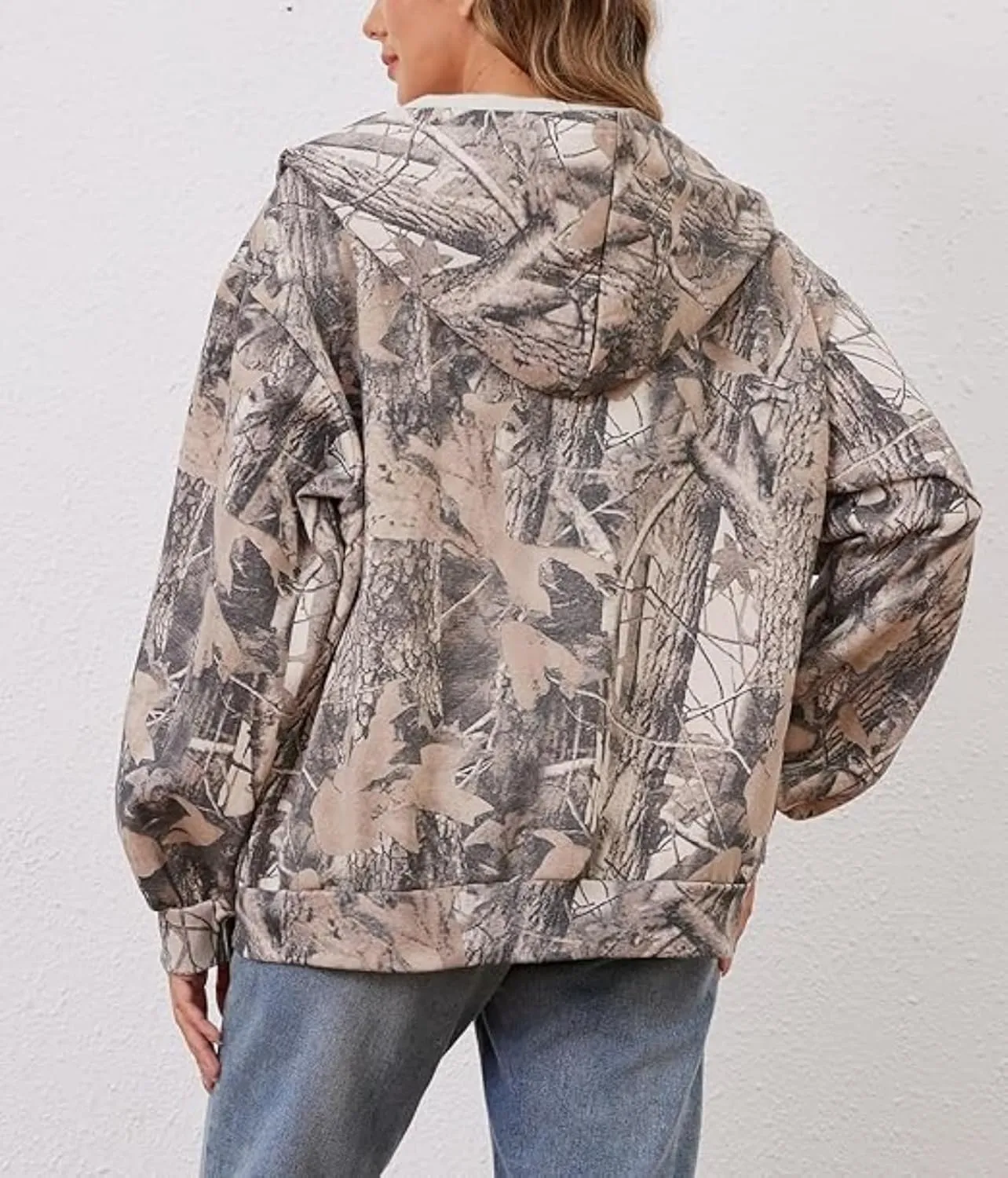 Womens Mens Camo Zip Up Hoodie Maple Leaf Print Oversized Hooded Sweatshirt Fleece Long Sleeve Jacket