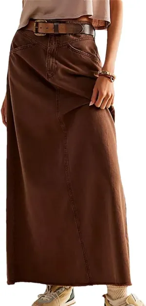 Women's Mid Waist Denim Skirt Solid Color Long A-Line Skirt with Pockets for School Work Shopping
