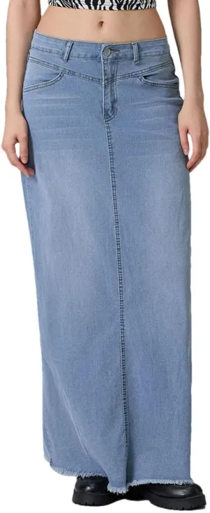 Women's Mid Waist Denim Skirt Solid Color Long A-Line Skirt with Pockets for School Work Shopping