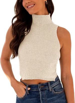 Women's Mock Neck Knit Sweater Vest Sleeveless Crossback Crop Tops Cute Sexy Ribbed Pullover Tank Tops
