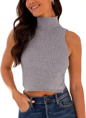 Women's Mock Neck Knit Sweater Vest Sleeveless Crossback Crop Tops Cute Sexy Ribbed Pullover Tank Tops