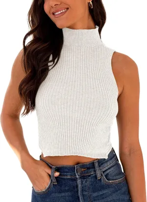 Women's Mock Neck Knit Sweater Vest Sleeveless Crossback Crop Tops Cute Sexy Ribbed Pullover Tank Tops