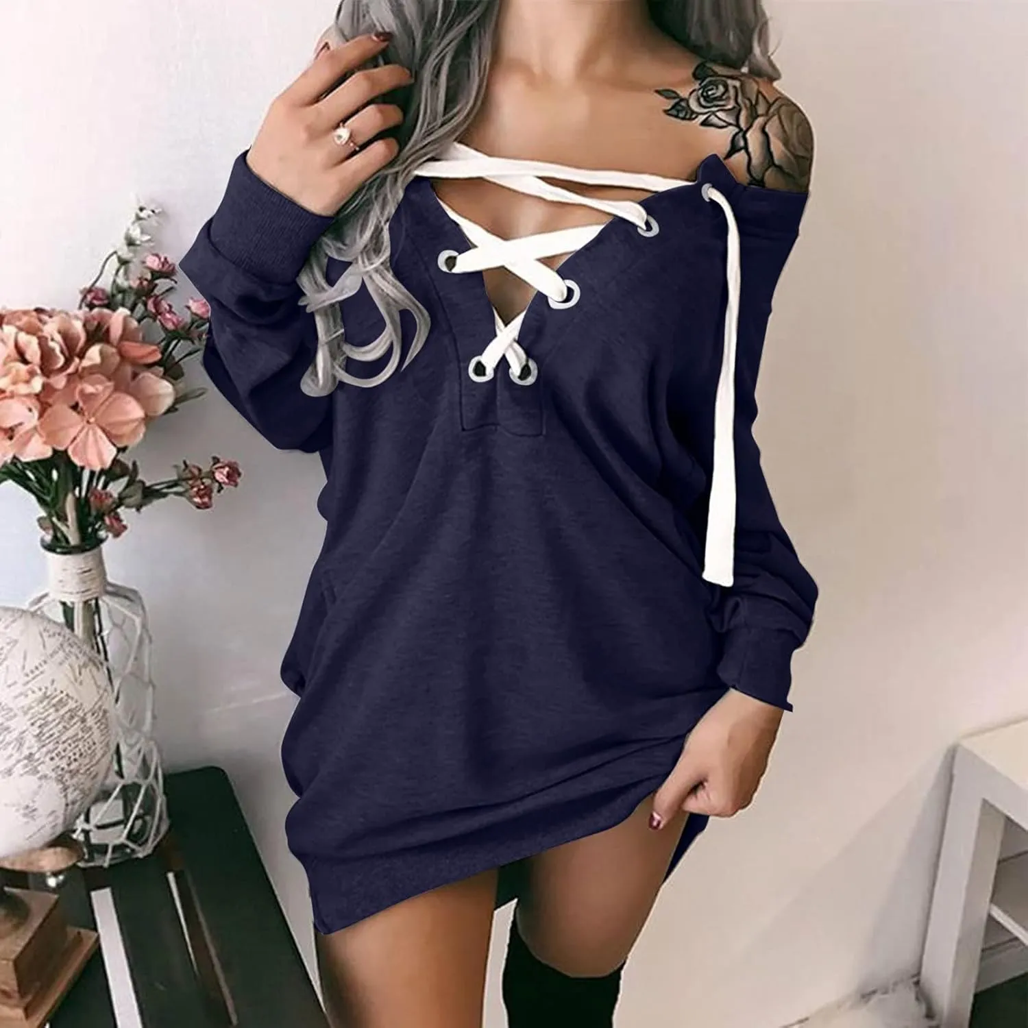 Women's Off Shoulder Sweatshirts Dress Sexy V Neck Lace Up Long Sleeve Mini Dress Casual Slim Fit Gradient T Shirt Dress