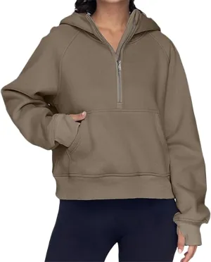 Womens Oversized Hoodies Spring Fall Casual Quarter Zip Hooded Pullover Kangaroo Pocket Thumb Hole