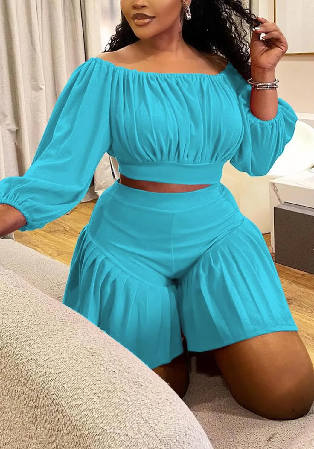 Women's Plus Size 2 Piece Outfits Casual Boat Neck Long Sleeve Crop Tops and High Waisted Ruffle Shorts Sets
