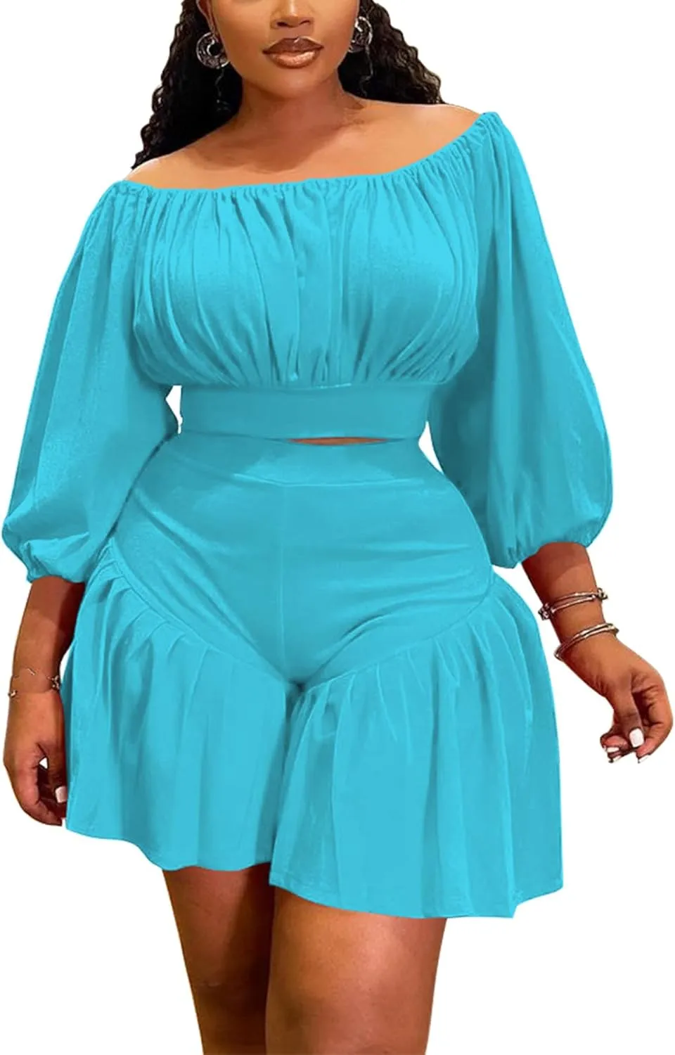 Women's Plus Size 2 Piece Outfits Casual Boat Neck Long Sleeve Crop Tops and High Waisted Ruffle Shorts Sets