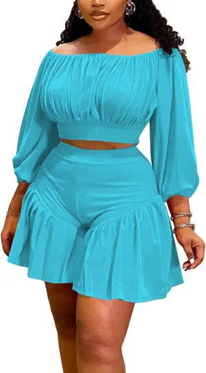 Women's Plus Size 2 Piece Outfits Casual Boat Neck Long Sleeve Crop Tops and High Waisted Ruffle Shorts Sets
