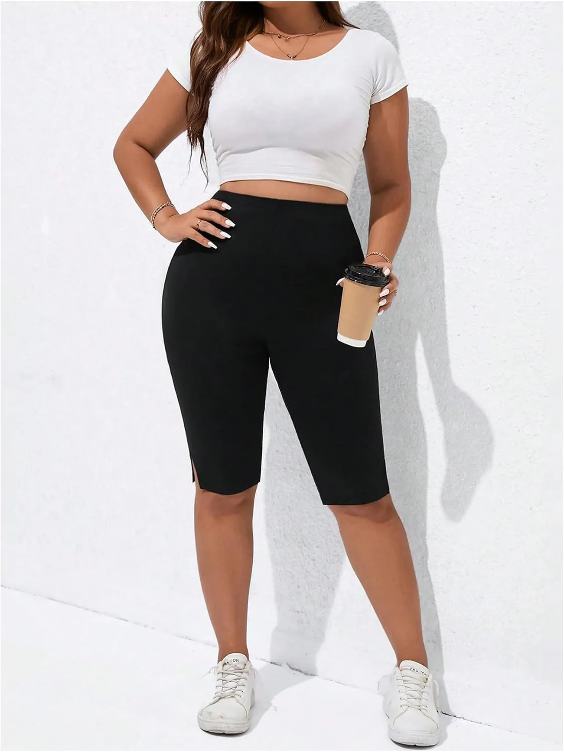 Women's Plus Size Split Biker Shorts High Waisted Skinny Workout Leggings Sports Bermuda Shorts