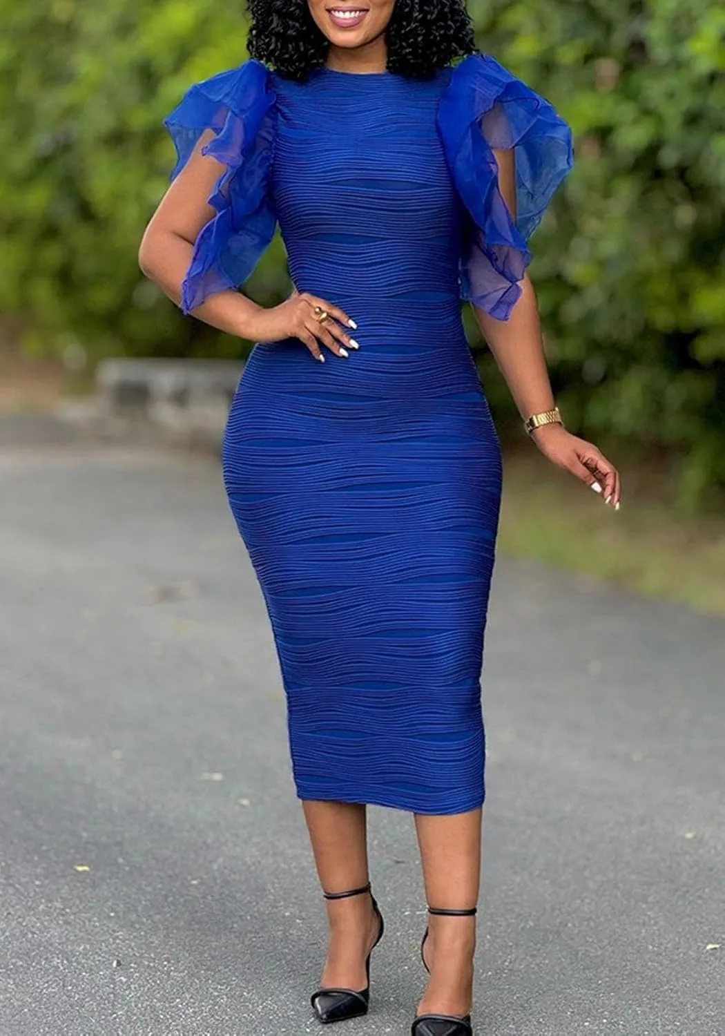 Women's Ruffle Sleeve Bodycon Midi Dress Solid Color Short Sleeve Cocktail Party Mermaid Dress for Wedding Guest