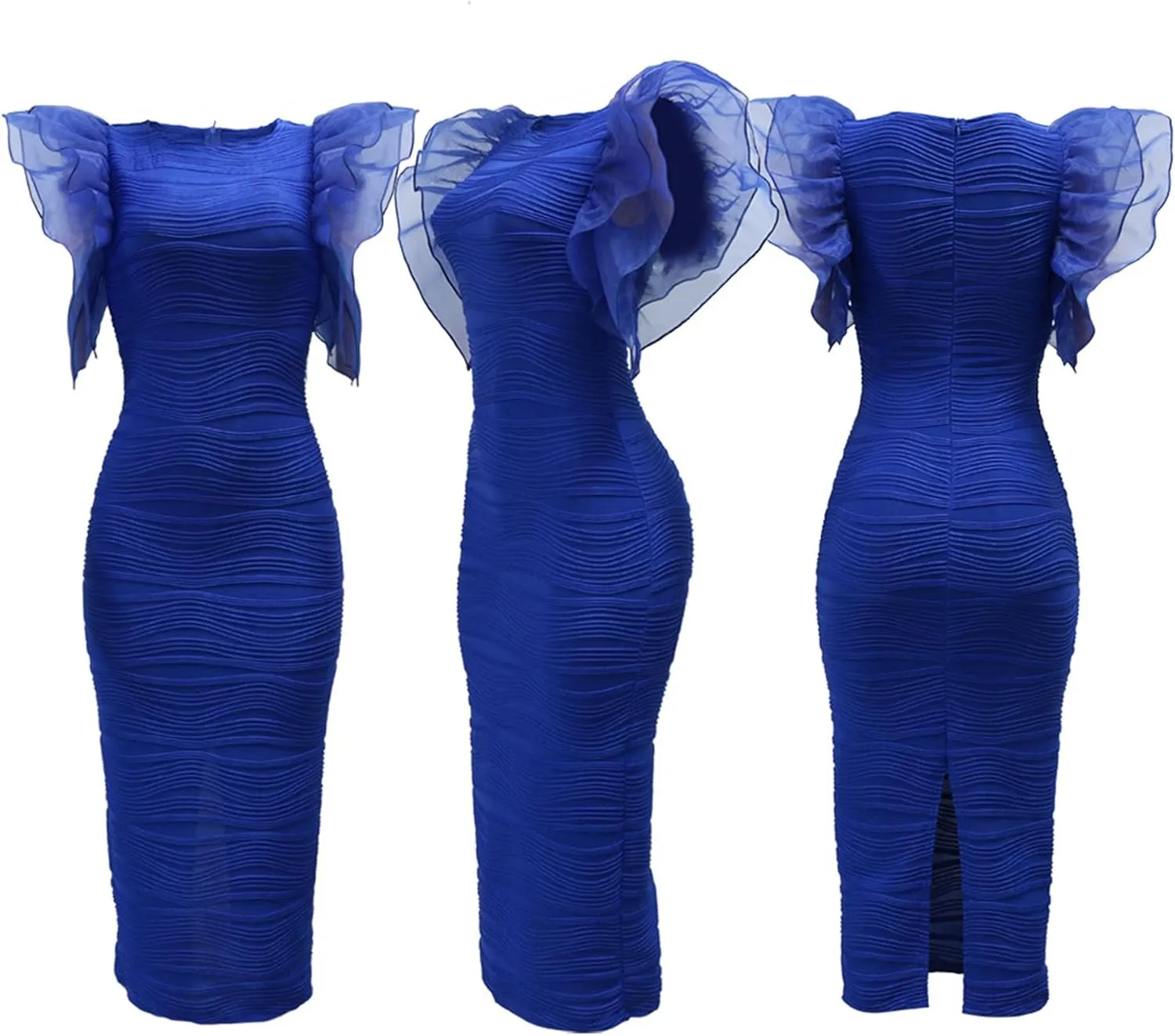Women's Ruffle Sleeve Bodycon Midi Dress Solid Color Short Sleeve Cocktail Party Mermaid Dress for Wedding Guest
