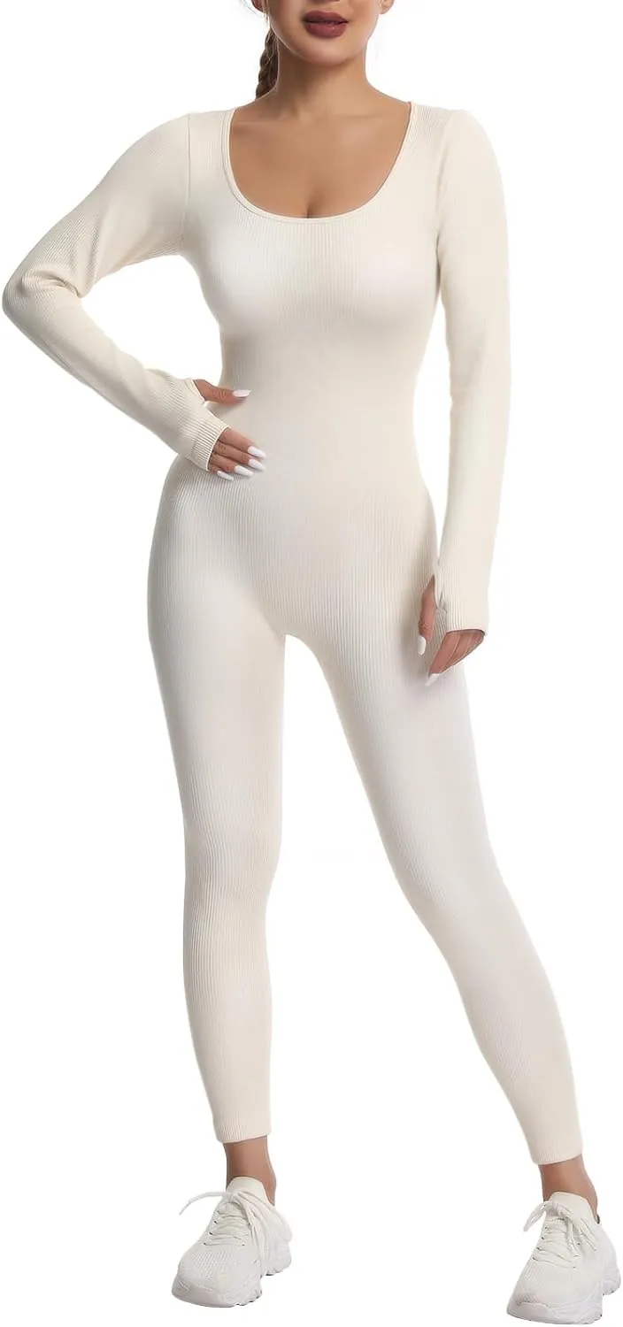 Women's Seamless Ribbed Jumpsuit – Tummy Control, High Stretch Bodysuit, Stylish Square Neck, Non-See-Through
