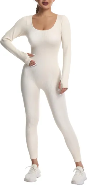 Women's Seamless Ribbed Jumpsuit – Tummy Control, High Stretch Bodysuit, Stylish Square Neck, Non-See-Through
