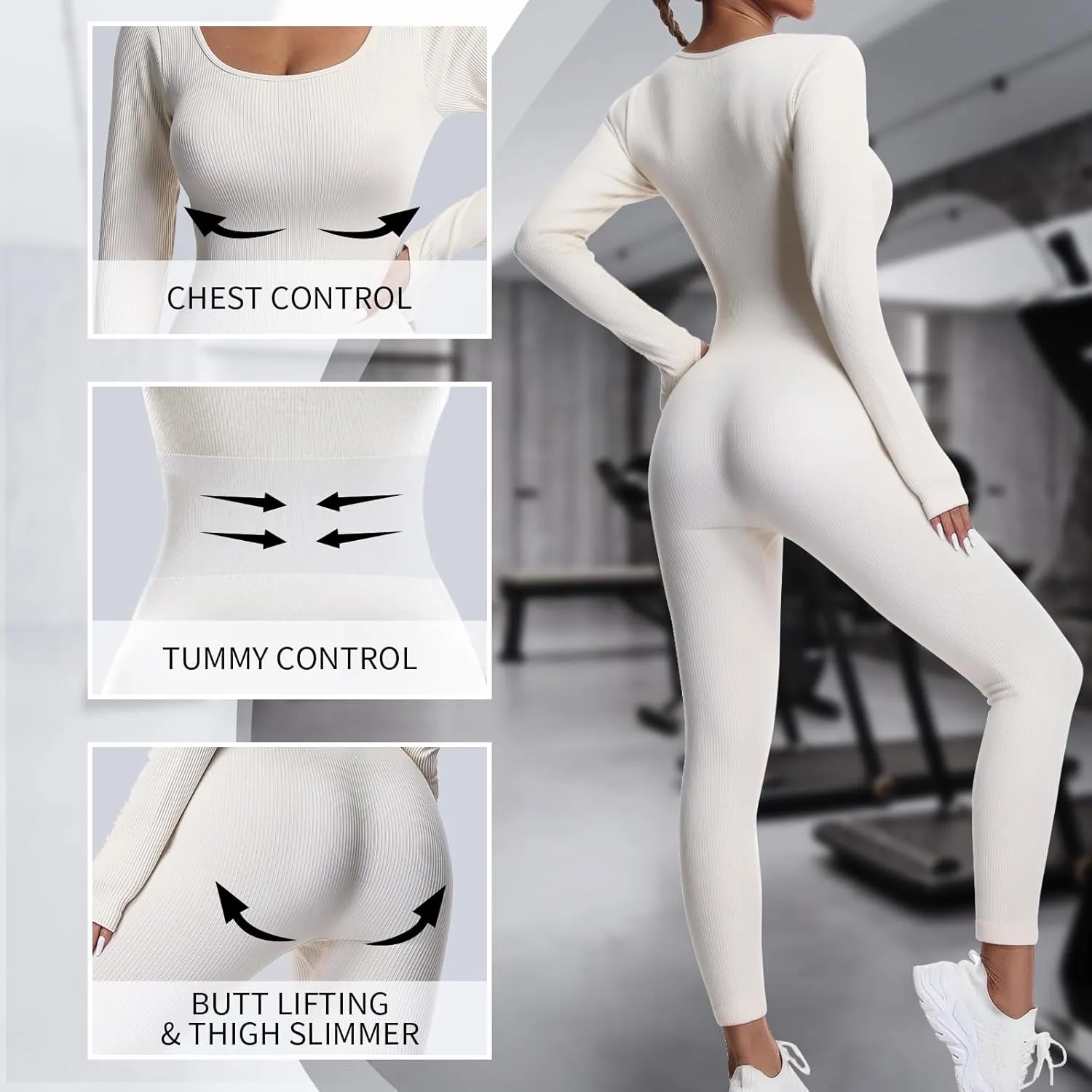 Women's Seamless Ribbed Jumpsuit – Tummy Control, High Stretch Bodysuit, Stylish Square Neck, Non-See-Through
