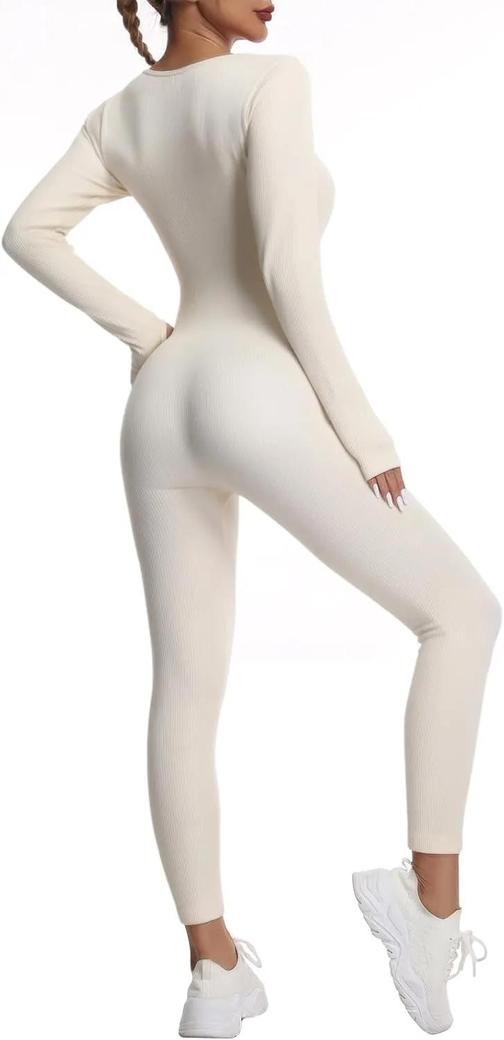 Women's Seamless Ribbed Jumpsuit – Tummy Control, High Stretch Bodysuit, Stylish Square Neck, Non-See-Through