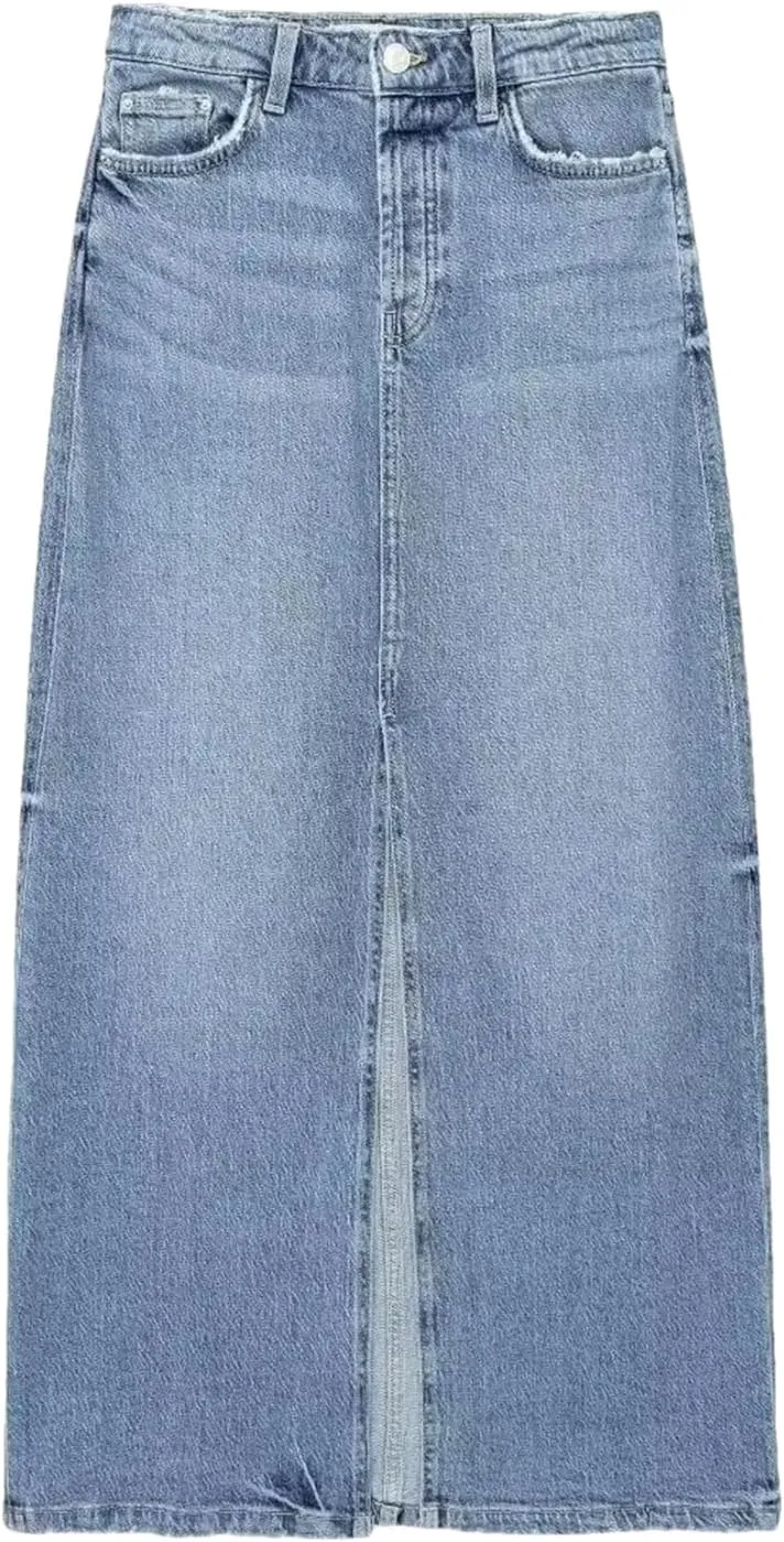 Women's Solid Streetwear Cargo Denim Skirts Summer High Waist Slit Jean Midi Skirts