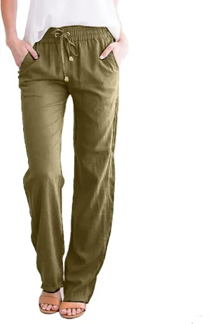Womens Straight Leg Linen Pants 2025 Trendy Elastic High Waist Yoga Pants Sweatpants Comfy Loose Casual Beach Pants