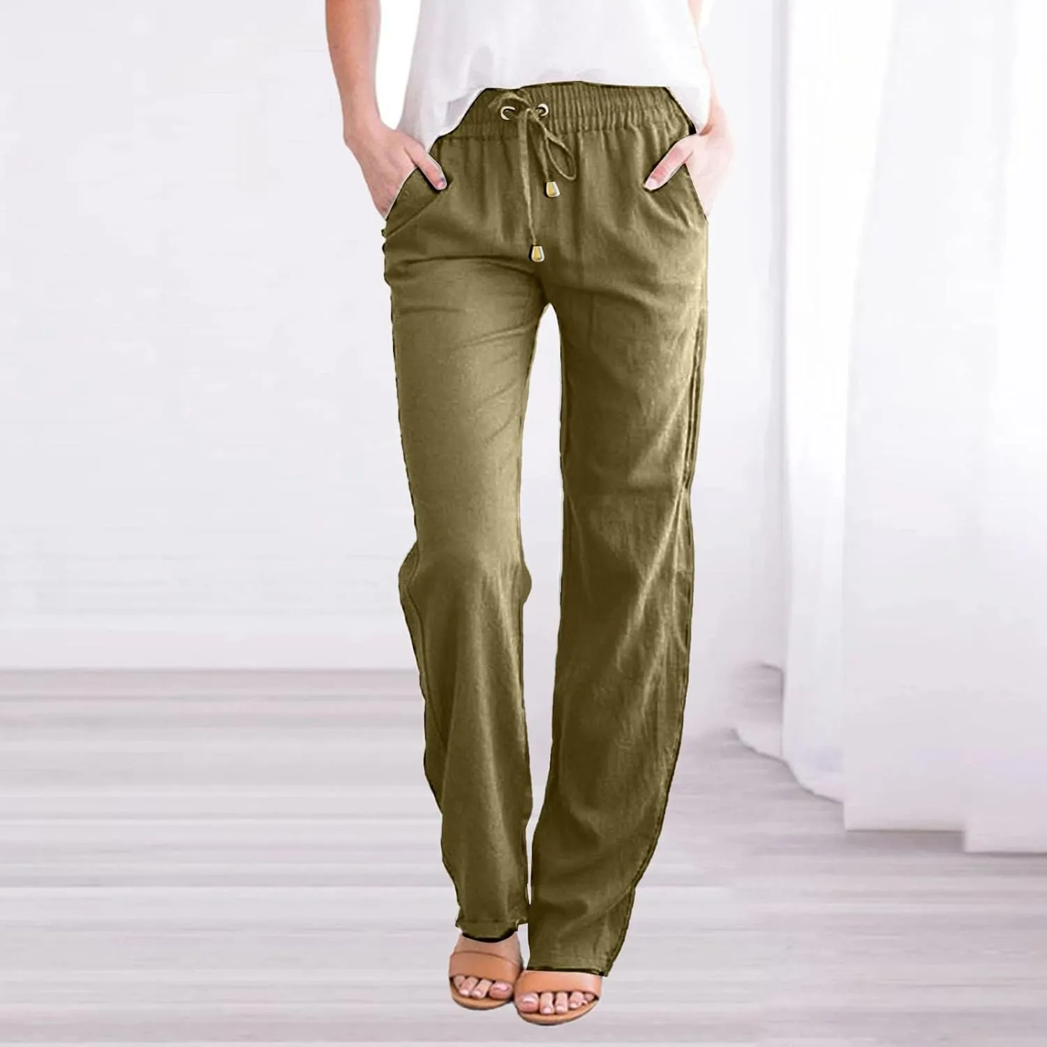 Womens Straight Leg Linen Pants 2025 Trendy Elastic High Waist Yoga Pants Sweatpants Comfy Loose Casual Beach Pants