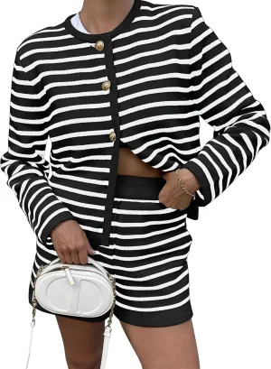 Womens Striped 2 Piece Outfits Long Sleeve Crew Neck Button Lounge Short Set Casual Knit Sweater High Waist Shorts