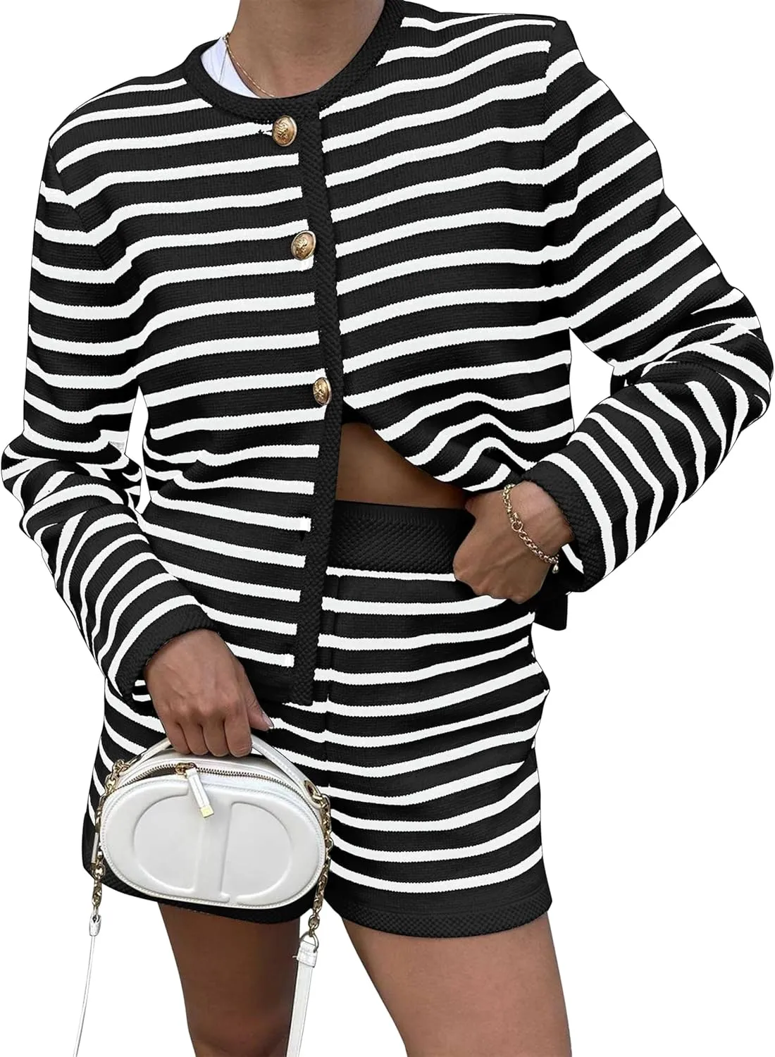 Womens Striped 2 Piece Outfits Long Sleeve Crew Neck Button Lounge Short Set Casual Knit Sweater High Waist Shorts