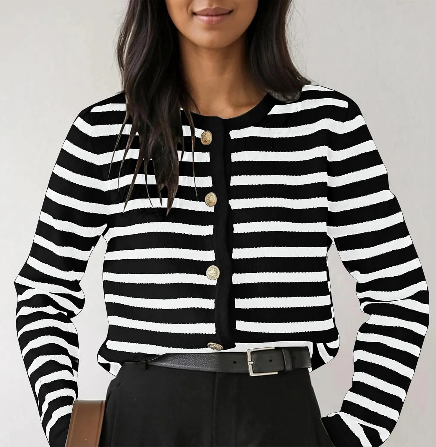 Womens Striped 2 Piece Outfits Long Sleeve Crew Neck Button Lounge Short Set Casual Knit Sweater High Waist Shorts