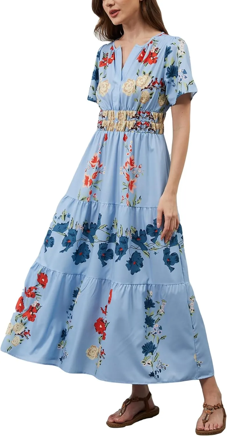 Womens Summer Boho Maxi Dresses Floral V Neck Tiered Short Sleeve Long Dress Flowy Beach Vacation Dress with Pockets