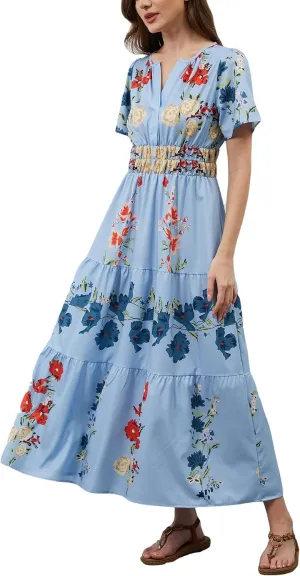 Womens Summer Boho Maxi Dresses Floral V Neck Tiered Short Sleeve Long Dress Flowy Beach Vacation Dress with Pockets