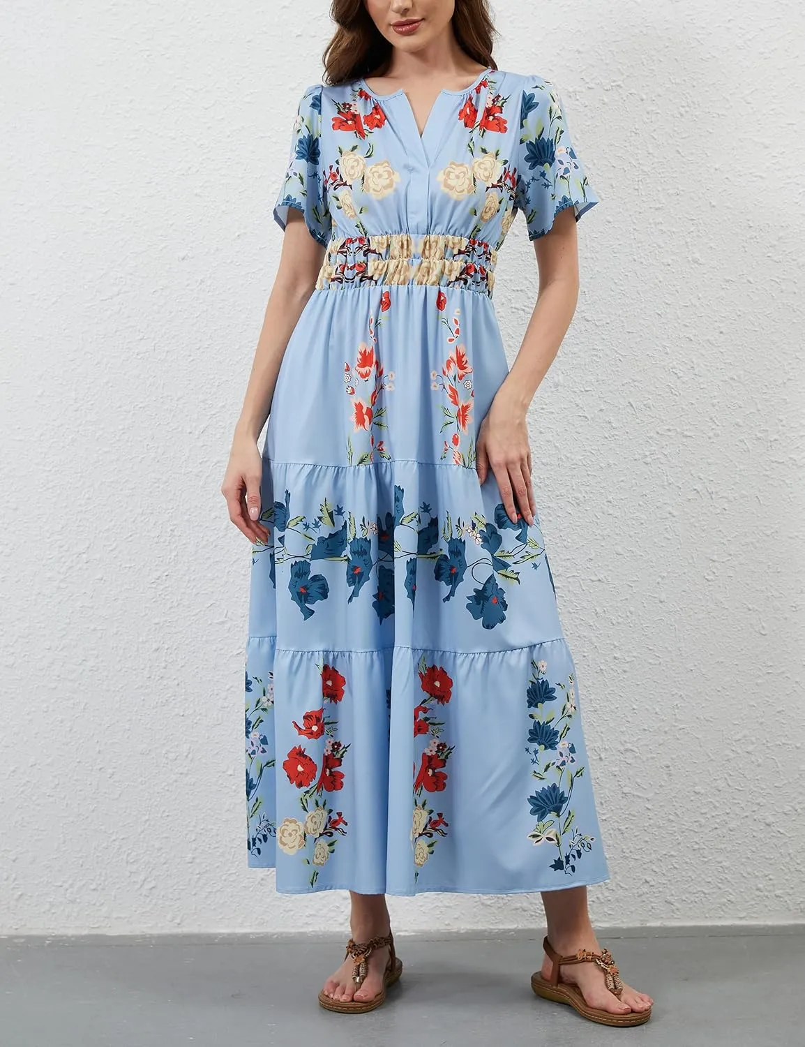 Womens Summer Boho Maxi Dresses Floral V Neck Tiered Short Sleeve Long Dress Flowy Beach Vacation Dress with Pockets