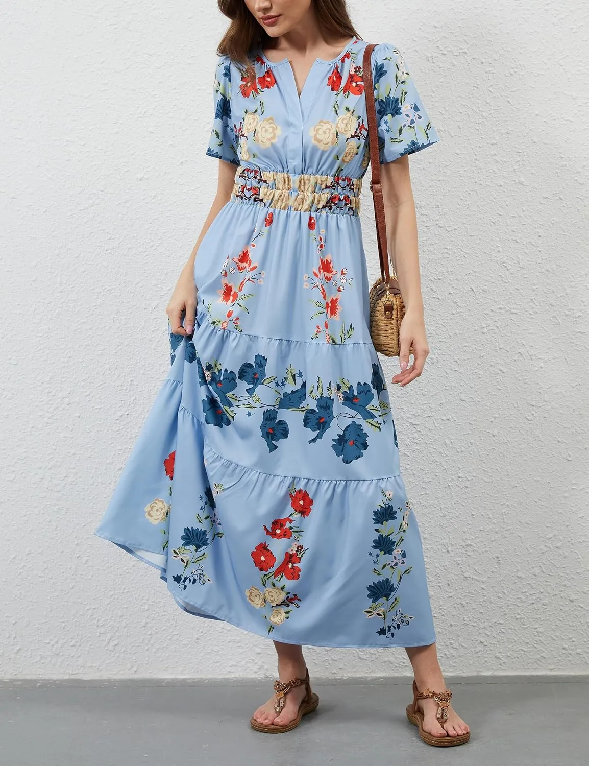 Womens Summer Boho Maxi Dresses Floral V Neck Tiered Short Sleeve Long Dress Flowy Beach Vacation Dress with Pockets