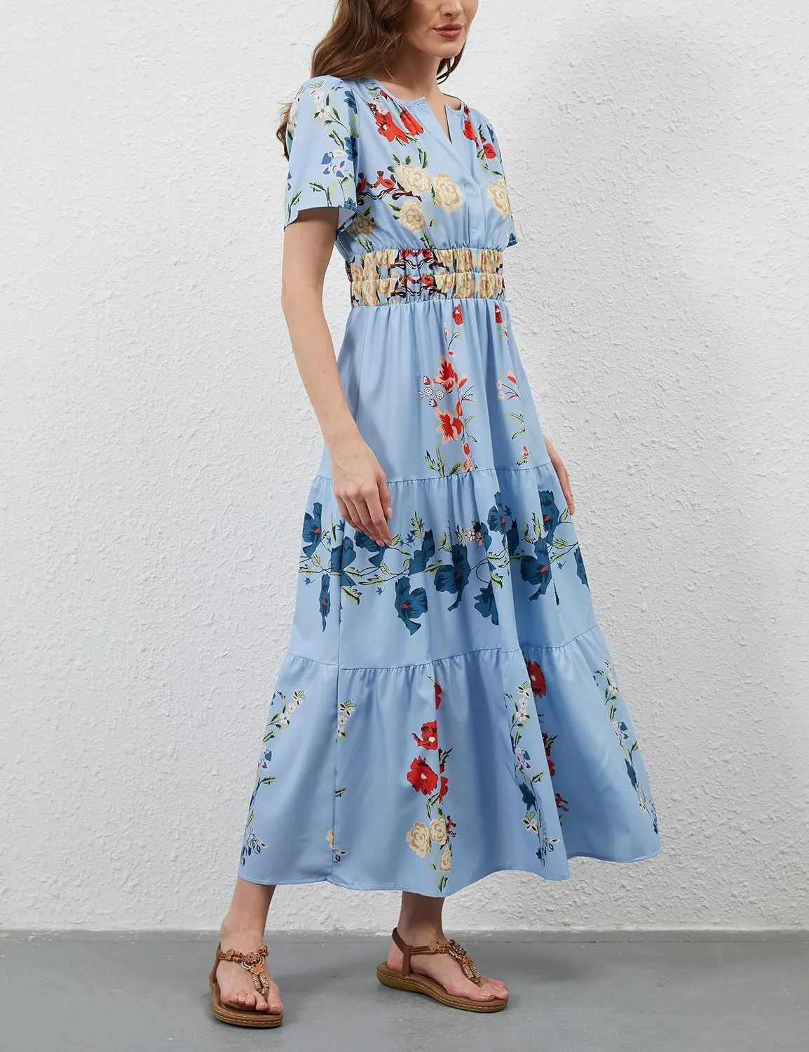 Womens Summer Boho Maxi Dresses Floral V Neck Tiered Short Sleeve Long Dress Flowy Beach Vacation Dress with Pockets