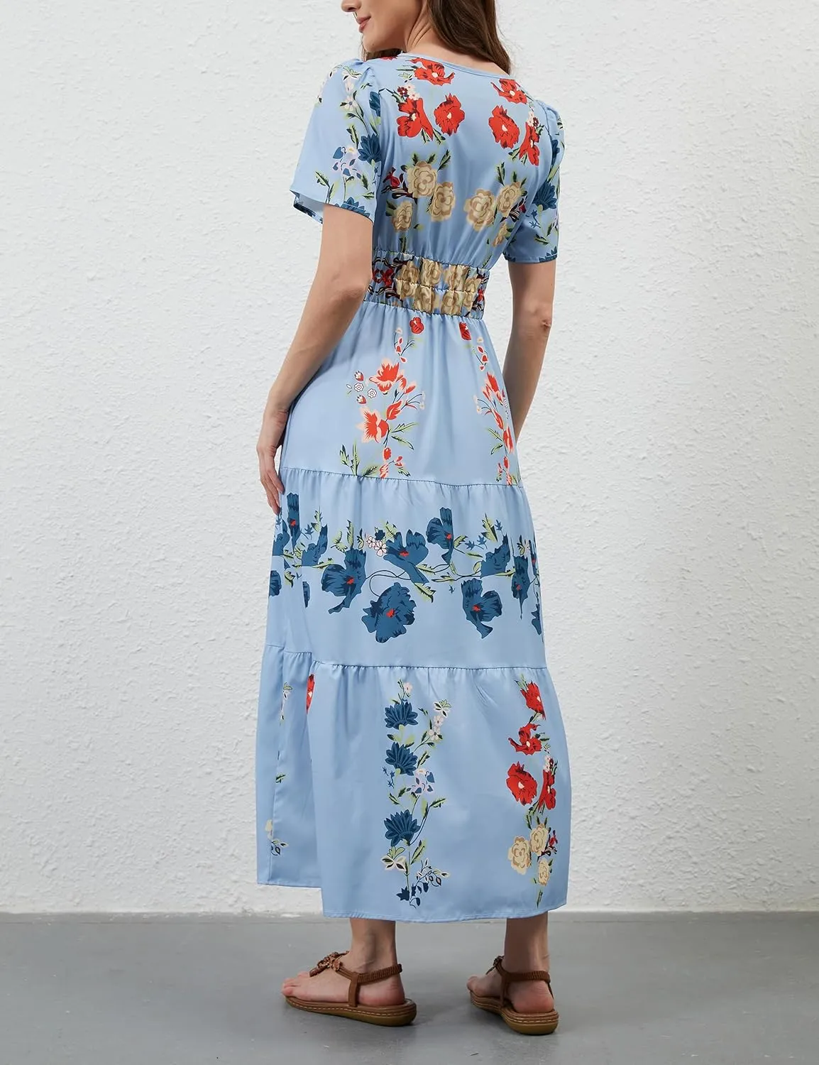Womens Summer Boho Maxi Dresses Floral V Neck Tiered Short Sleeve Long Dress Flowy Beach Vacation Dress with Pockets