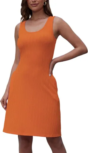 Womens Summer Crewneck Sleeveless Dresses Slim Bodycon Casual Midi Tank Tops Dress