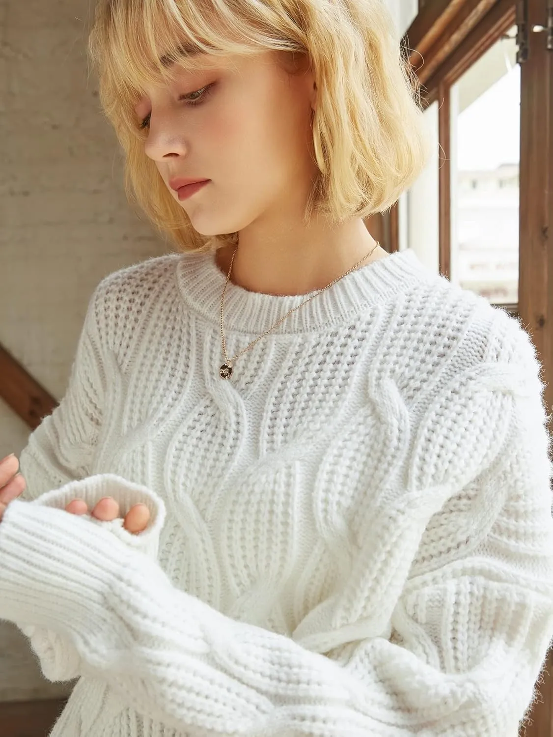 Women's Sweater Cable Knit Drop Shoulder Sweater Sweater for Women (Color : White, Size : Large)