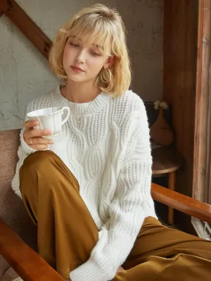 Women's Sweater Cable Knit Drop Shoulder Sweater Sweater for Women (Color : White, Size : Large)