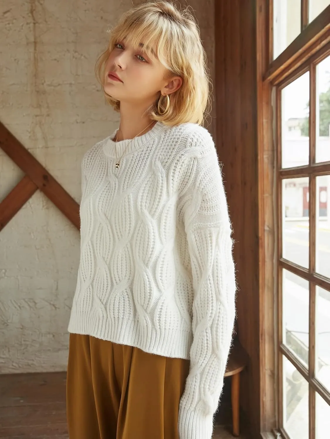 Women's Sweater Cable Knit Drop Shoulder Sweater Sweater for Women (Color : White, Size : Large)