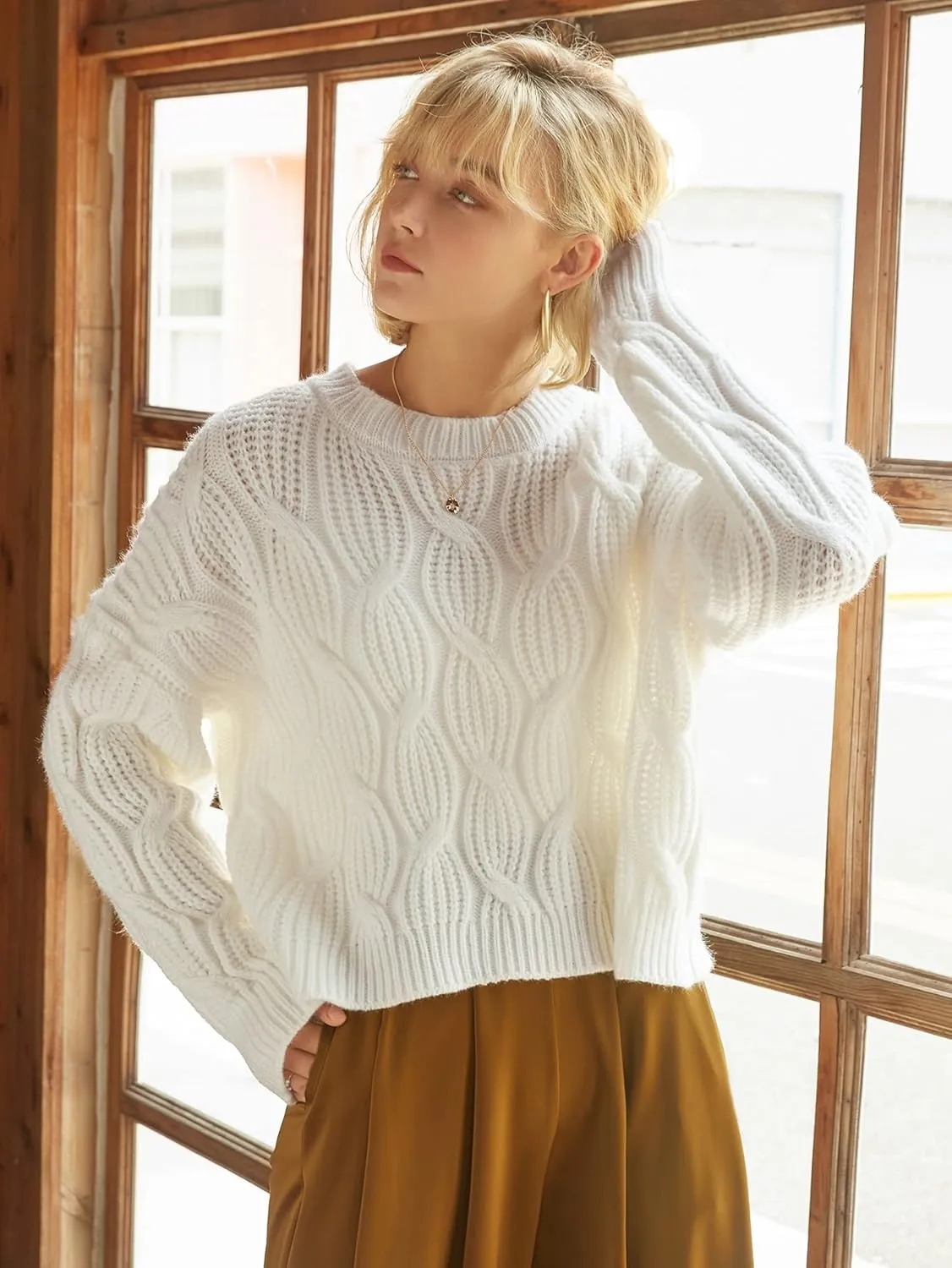 Women's Sweater Cable Knit Drop Shoulder Sweater Sweater for Women (Color : White, Size : Large)