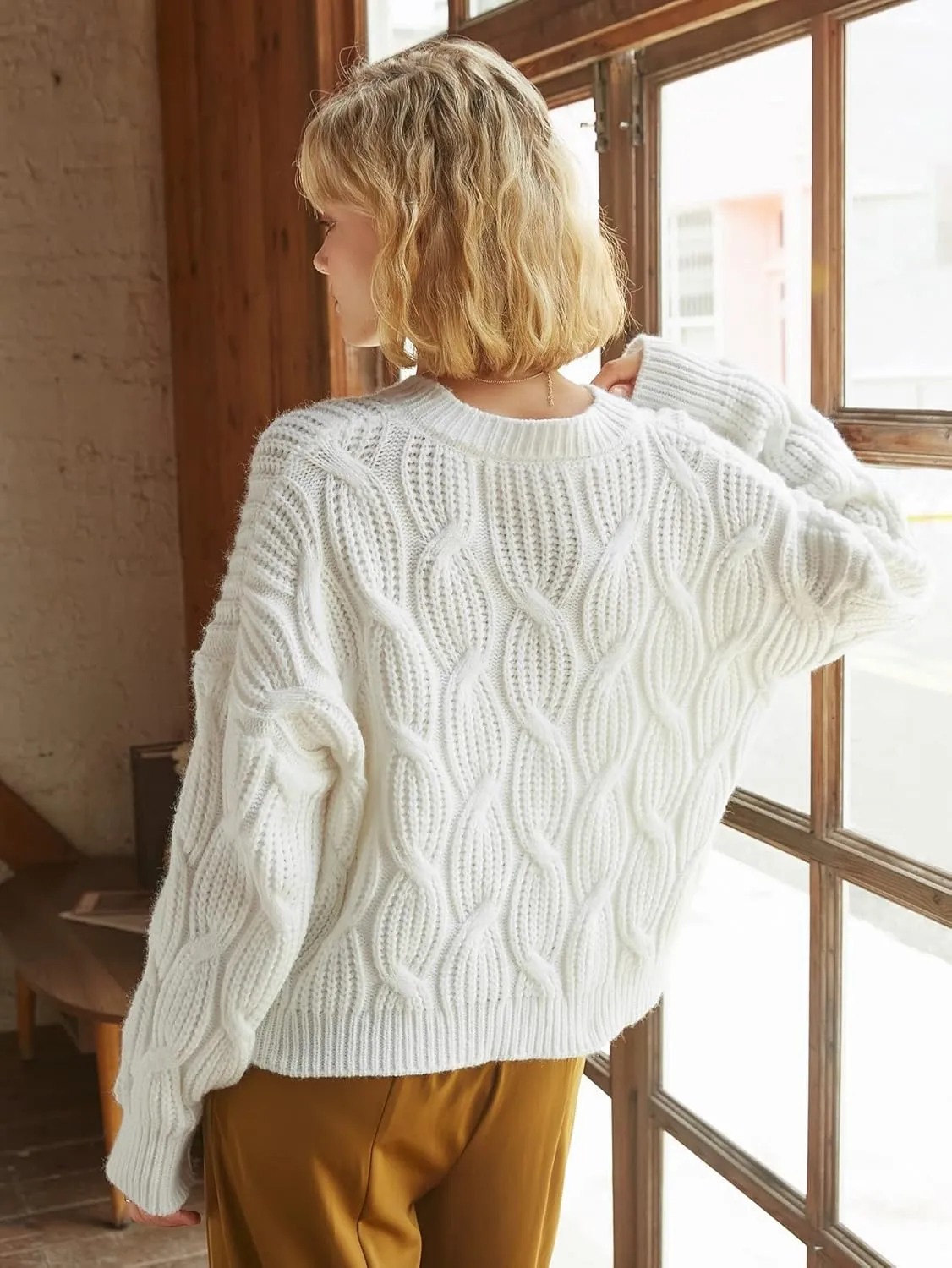Women's Sweater Cable Knit Drop Shoulder Sweater Sweater for Women (Color : White, Size : Large)