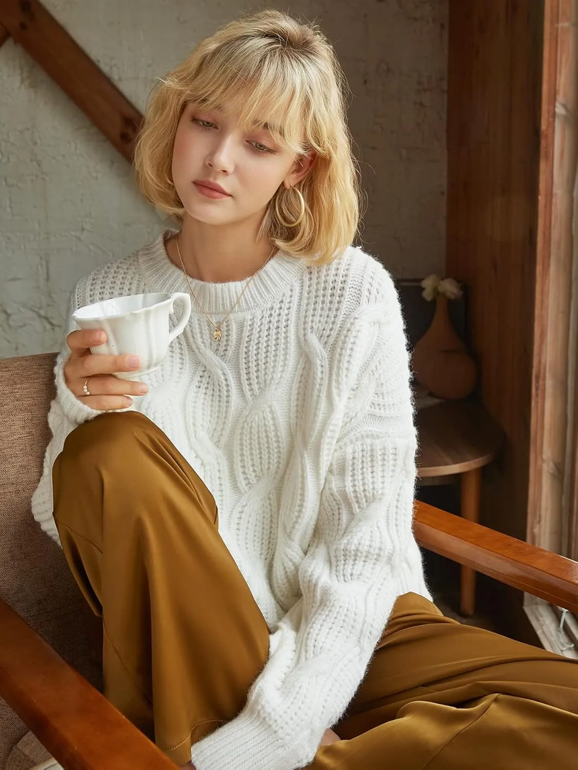 Women's Sweater Cable Knit Drop Shoulder Sweater Sweater for Women (Color : White, Size : Large)
