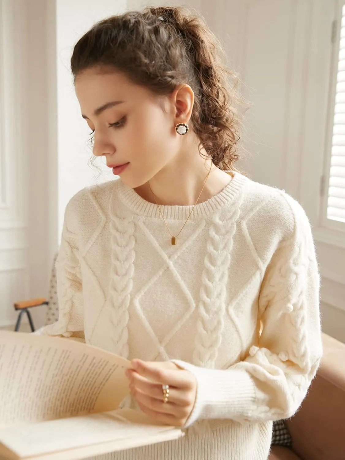 Women's Sweater Drop Shoulder Cable Knit Sweater Sweater for Women (Color : Apricot, Size : Medium)