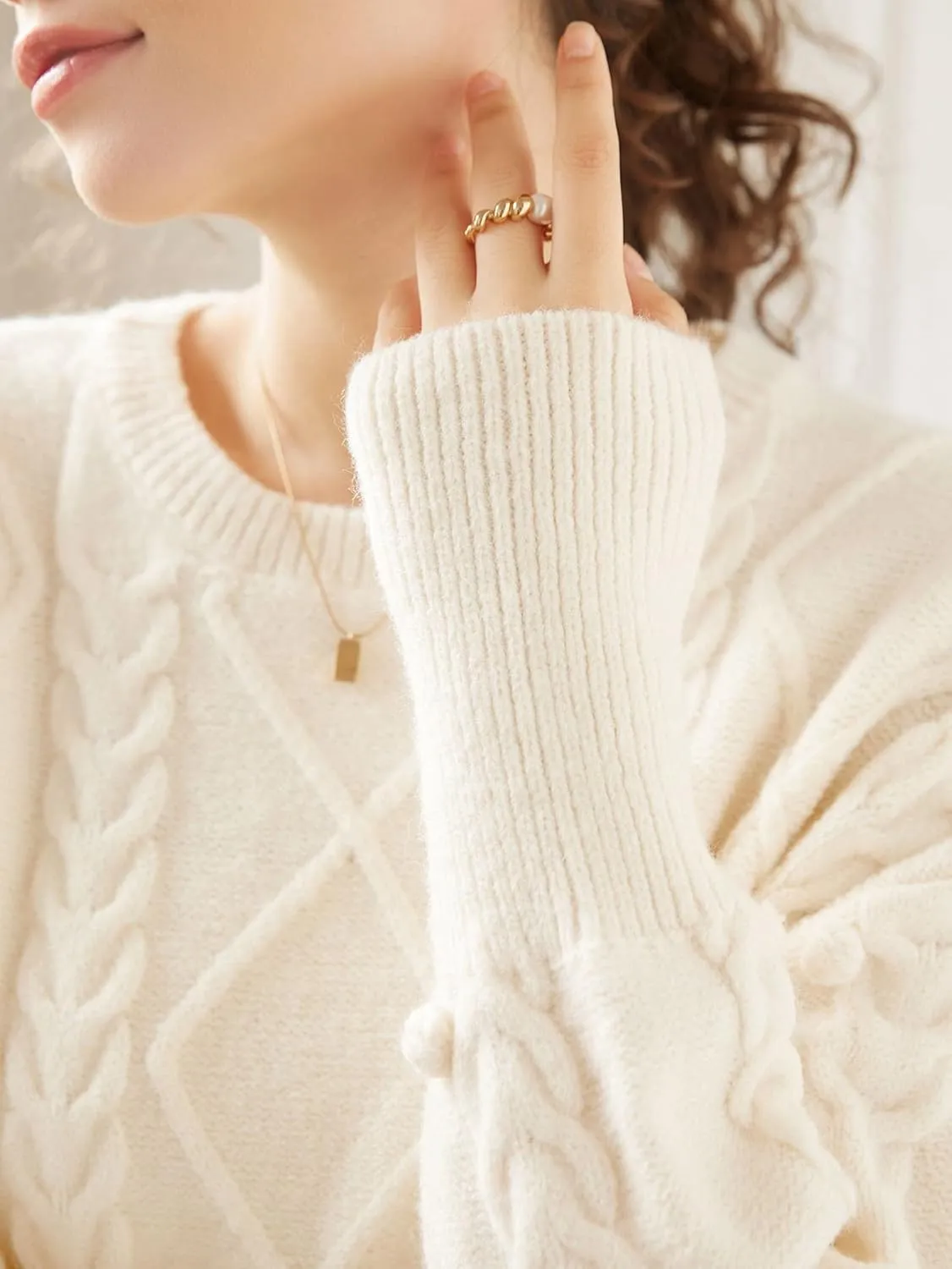 Women's Sweater Drop Shoulder Cable Knit Sweater Sweater for Women (Color : Apricot, Size : Medium)
