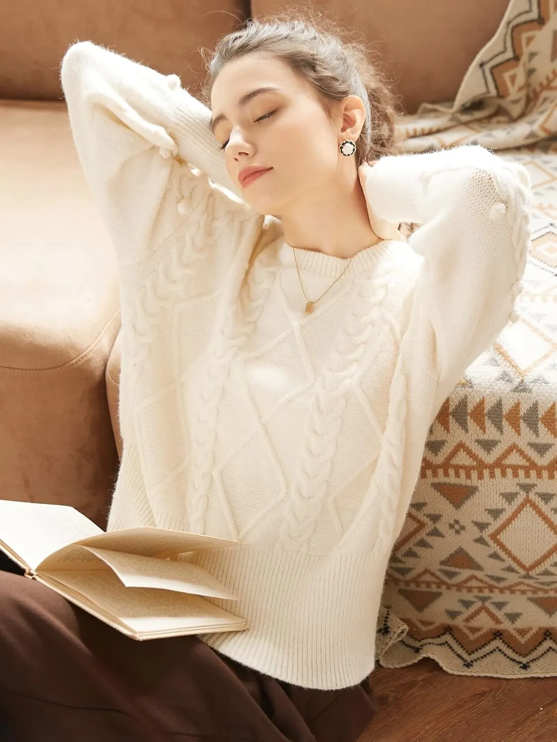 Women's Sweater Drop Shoulder Cable Knit Sweater Sweater for Women (Color : Apricot, Size : Medium)