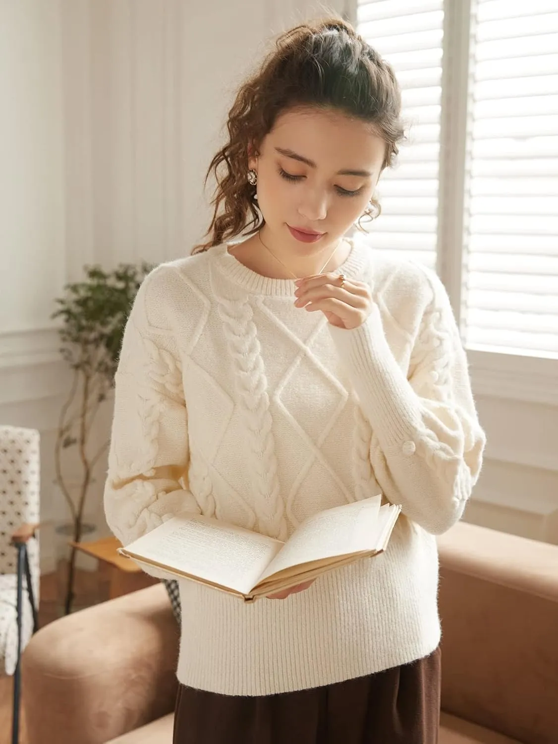 Women's Sweater Drop Shoulder Cable Knit Sweater Sweater for Women (Color : Apricot, Size : Medium)