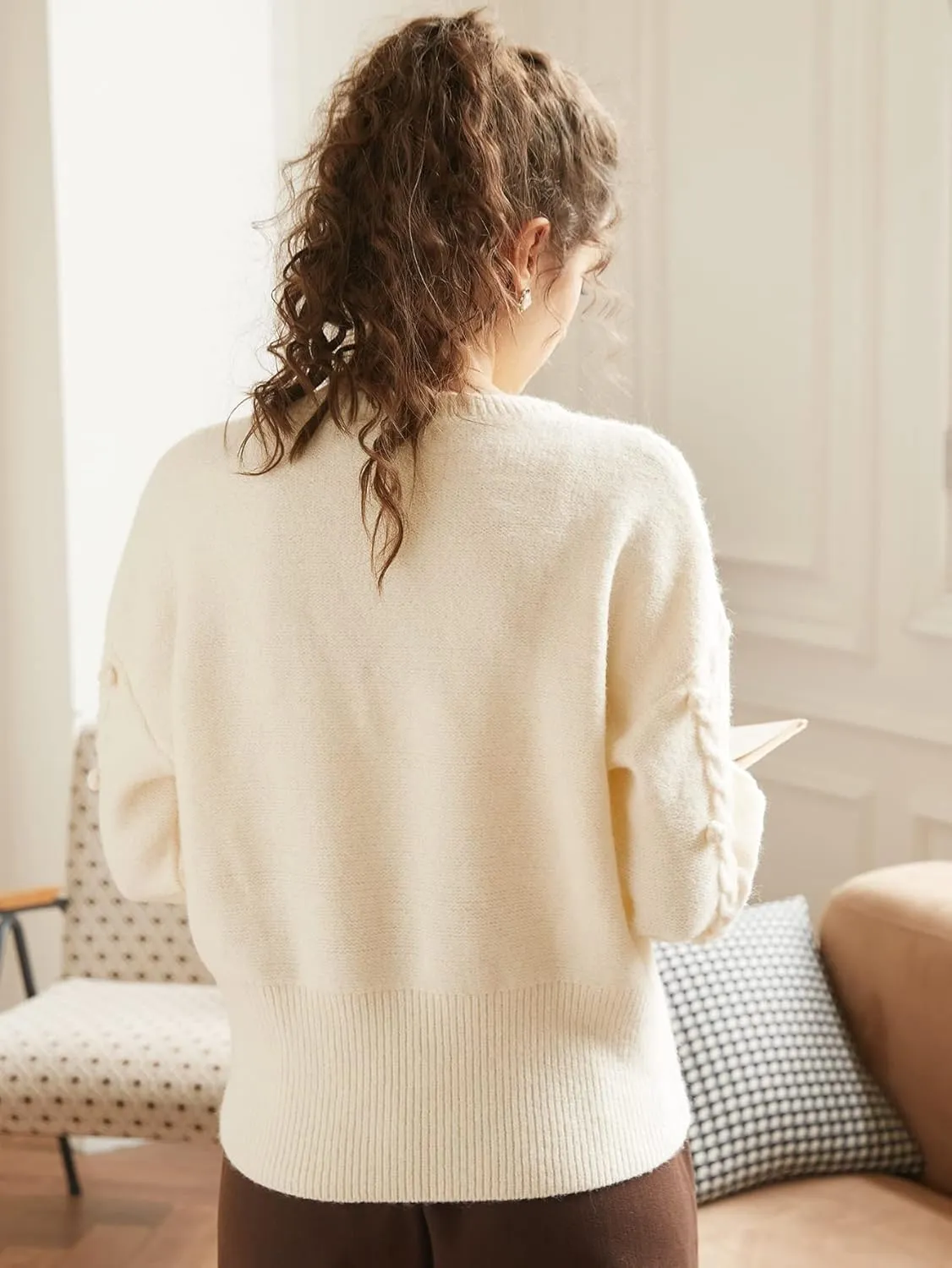 Women's Sweater Drop Shoulder Cable Knit Sweater Sweater for Women (Color : Apricot, Size : Medium)