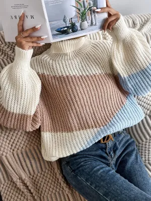 Women's Sweater Turtleneck Bishop Sleeve Colorblock Oversized Sweater Sweater for Women (Color : Multicolor, Size : Medium)
