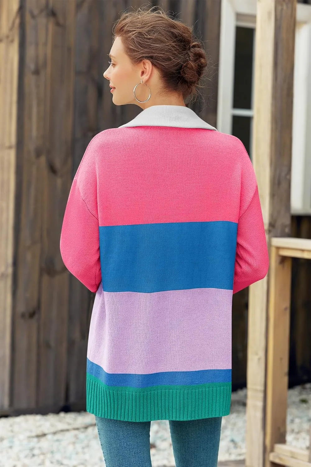 Womens Sweaters Trendy Long Sleeve 1/4 Zip Pullover Polo V Neck Dressy Casual Color Block Ski Knit Tops