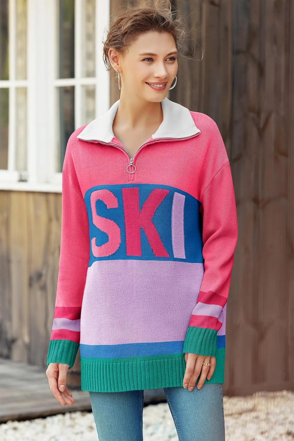 Womens Sweaters Trendy Long Sleeve 1/4 Zip Pullover Polo V Neck Dressy Casual Color Block Ski Knit Tops