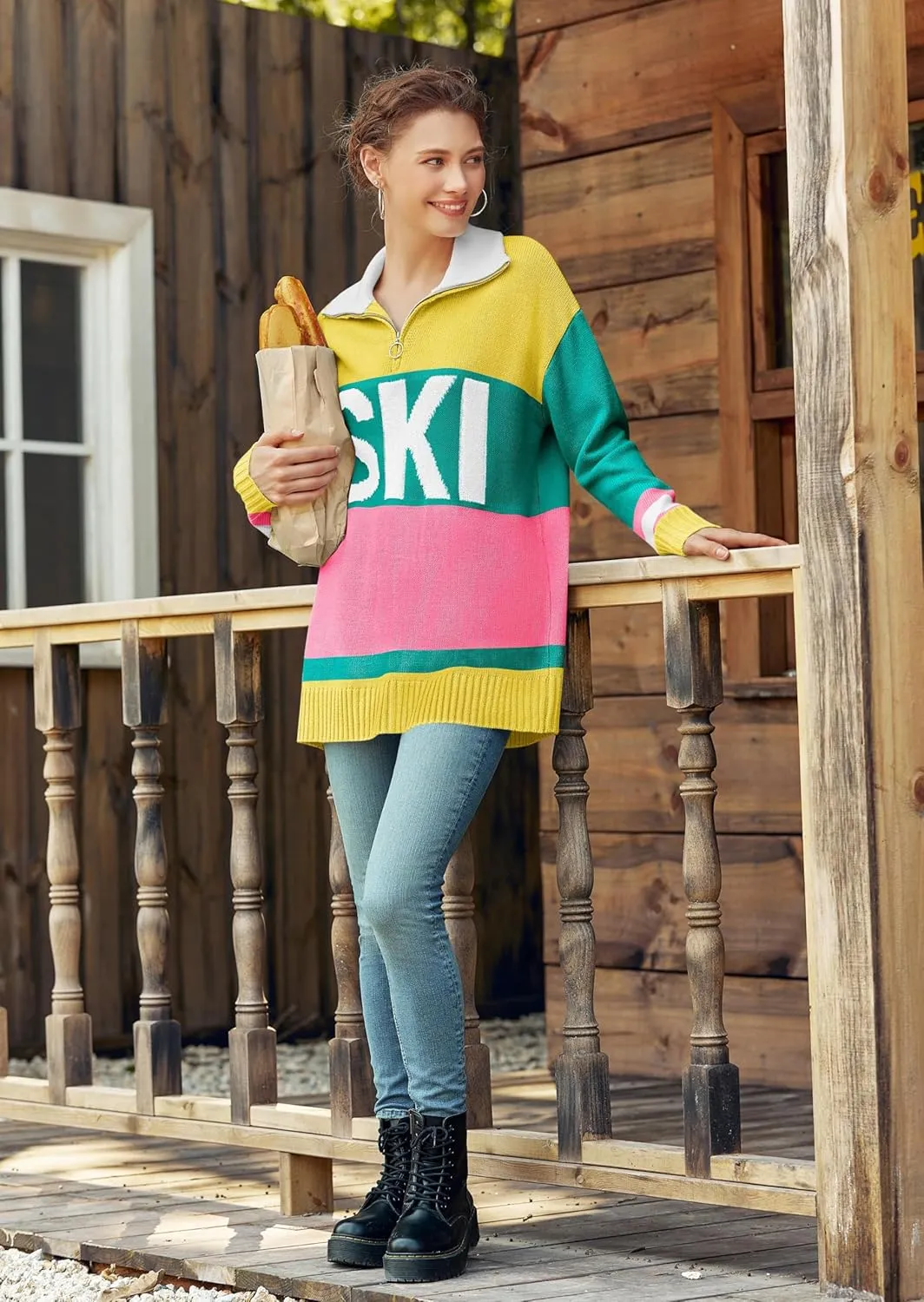 Womens Sweaters Trendy Long Sleeve 1/4 Zip Pullover Polo V Neck Dressy Casual Color Block Ski Knit Tops