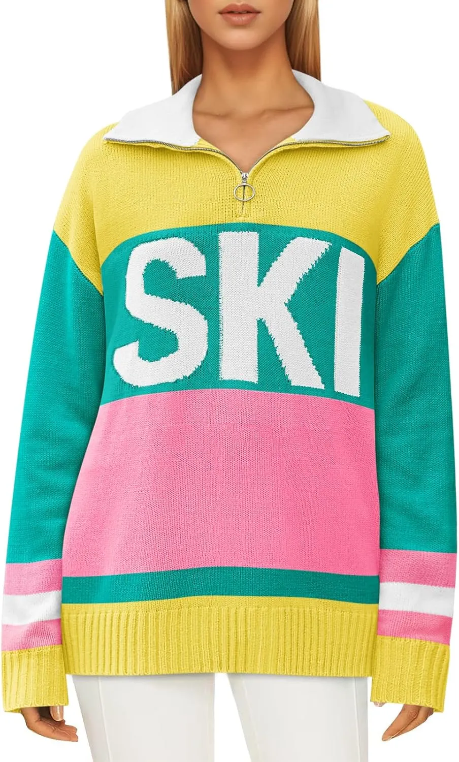 Womens Sweaters Trendy Long Sleeve 1/4 Zip Pullover Polo V Neck Dressy Casual Color Block Ski Knit Tops