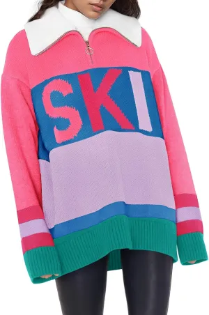 Womens Sweaters Trendy Long Sleeve 1/4 Zip Pullover Polo V Neck Dressy Casual Color Block Ski Knit Tops