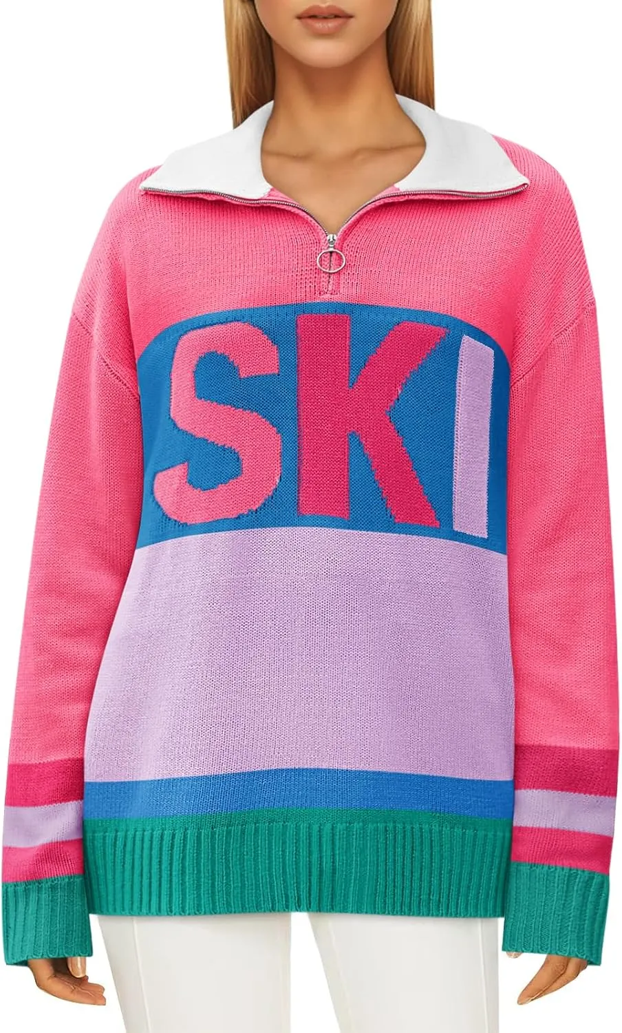 Womens Sweaters Trendy Long Sleeve 1/4 Zip Pullover Polo V Neck Dressy Casual Color Block Ski Knit Tops