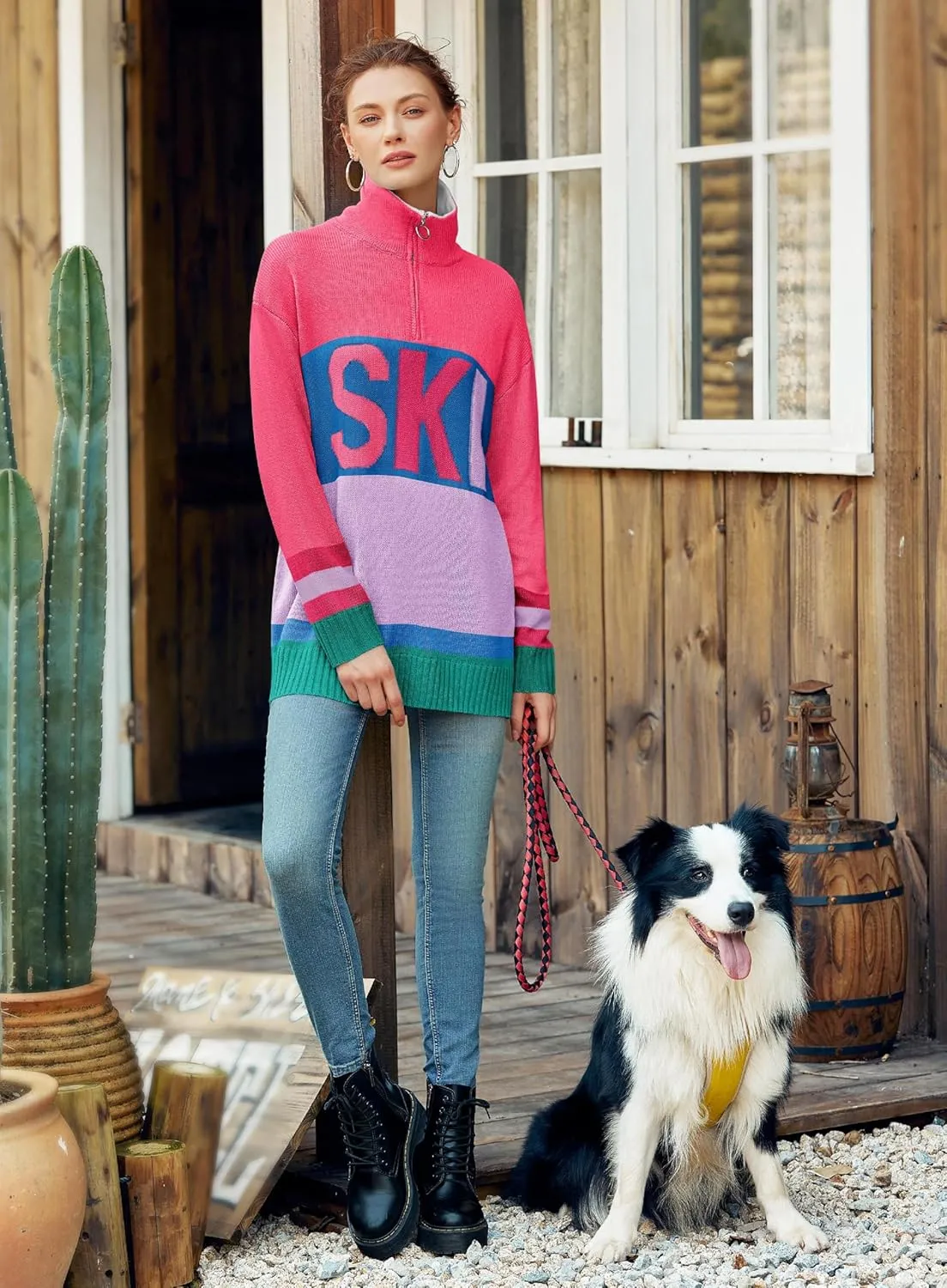Womens Sweaters Trendy Long Sleeve 1/4 Zip Pullover Polo V Neck Dressy Casual Color Block Ski Knit Tops